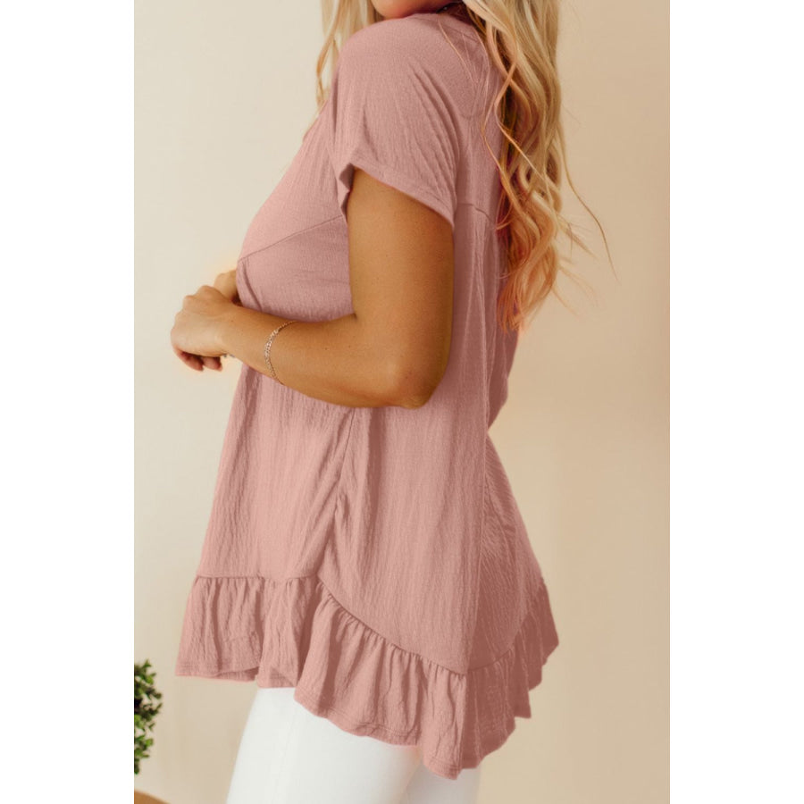 Ruffled Round Neck Short Sleeve Blouse Apparel and Accessories