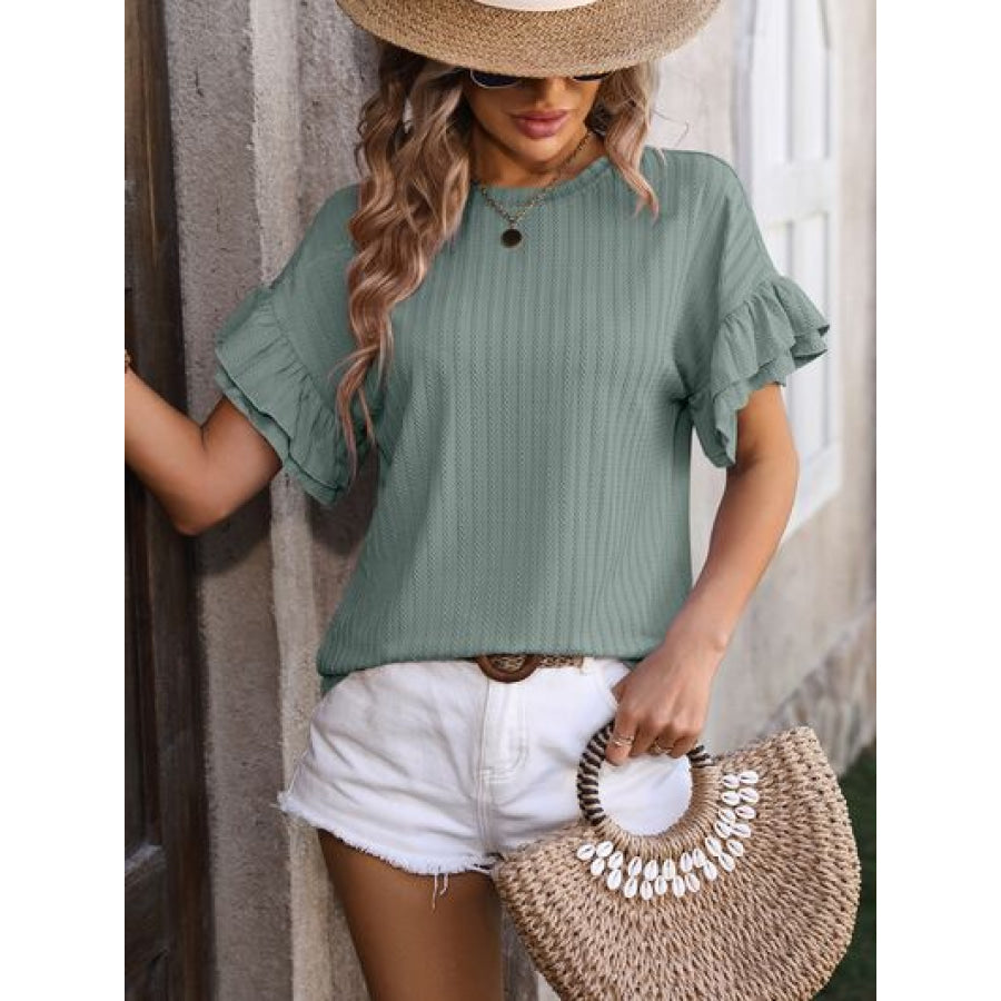 Ruffled Round Neck Short Sleeve Blouse Apparel and Accessories