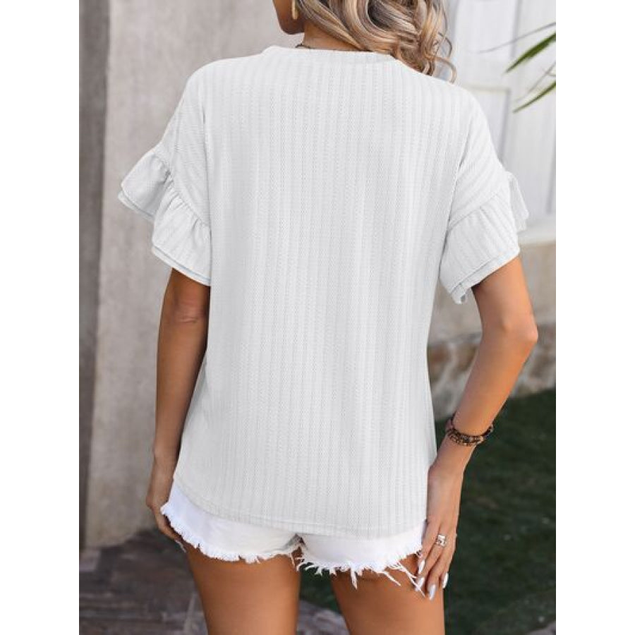 Ruffled Round Neck Short Sleeve Blouse Apparel and Accessories