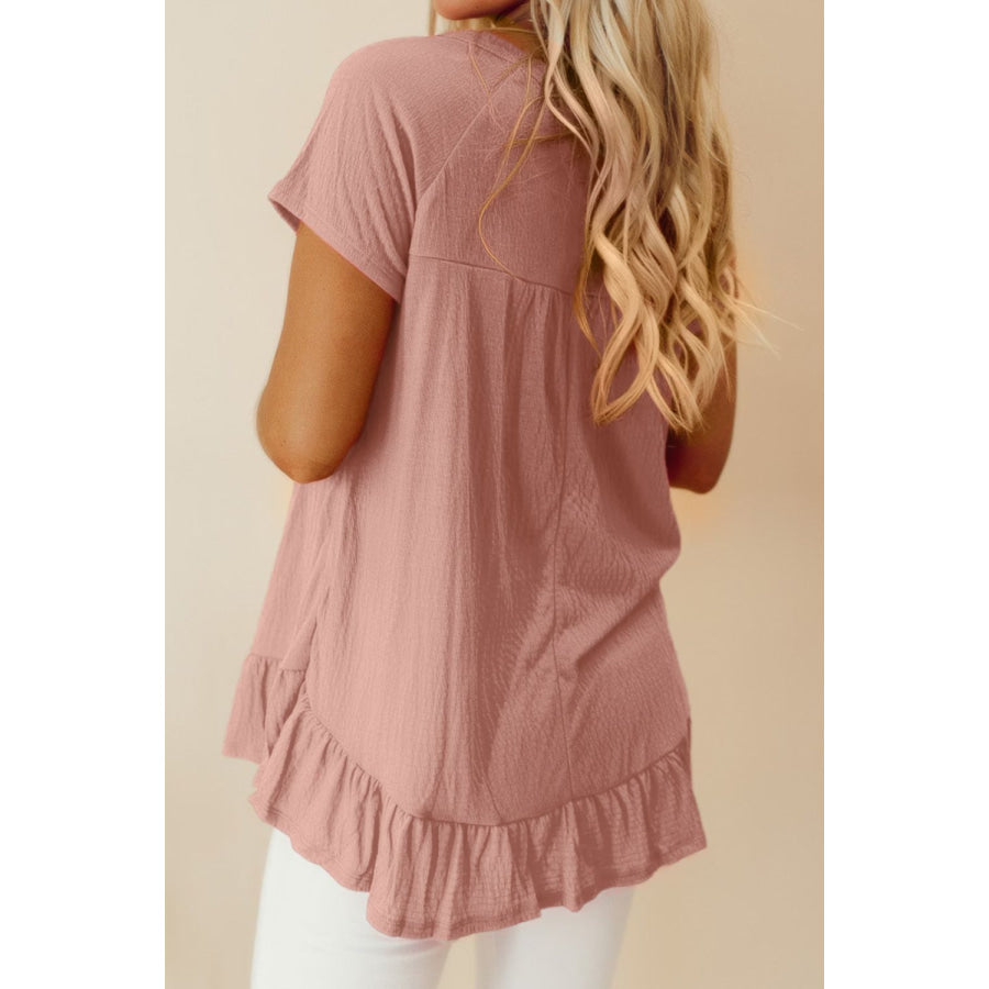 Ruffled Round Neck Short Sleeve Blouse Apparel and Accessories