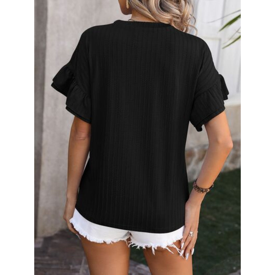 Ruffled Round Neck Short Sleeve Blouse Apparel and Accessories