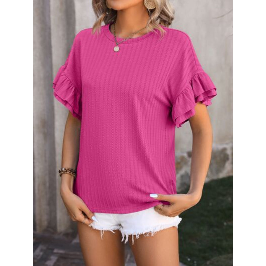 Ruffled Round Neck Short Sleeve Blouse Apparel and Accessories