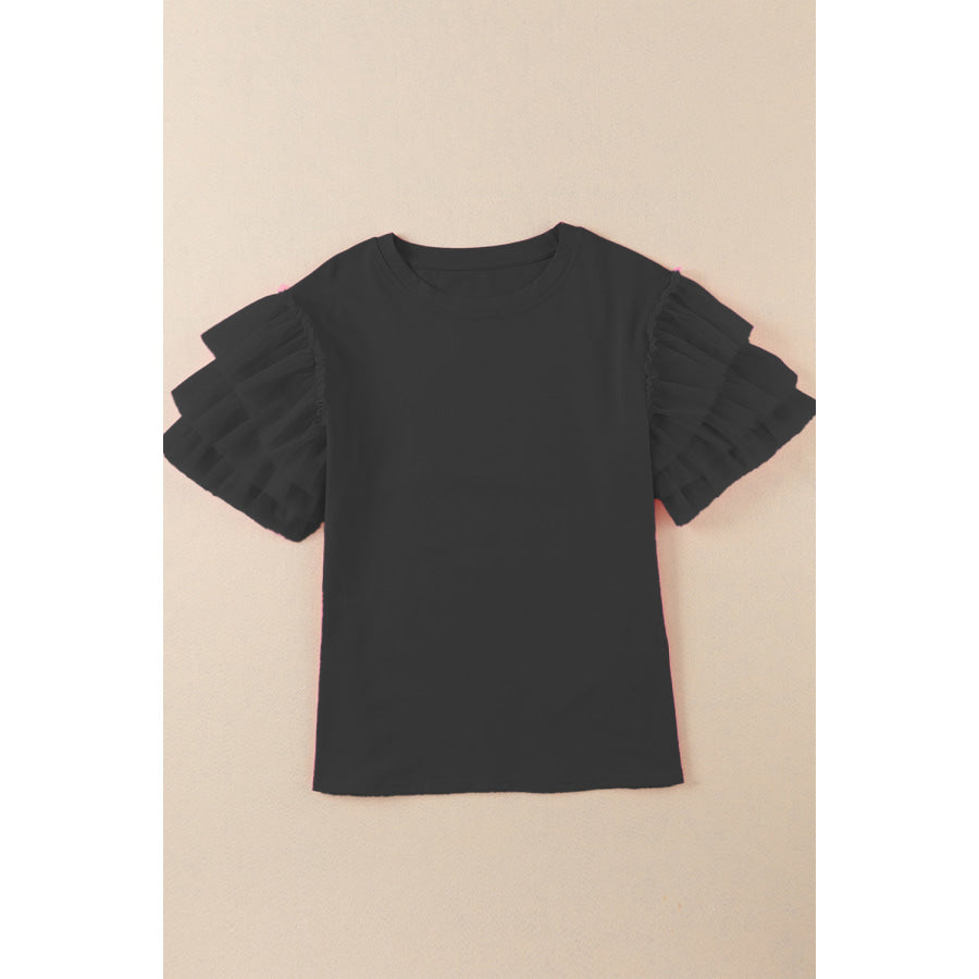 Ruffled Round Neck Short Sleeve Blouse Black / S Apparel and Accessories