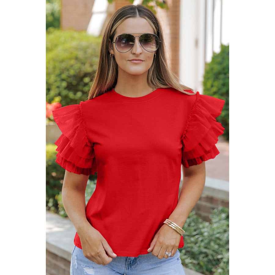 Ruffled Round Neck Short Sleeve Blouse Deep Red / S Apparel and Accessories