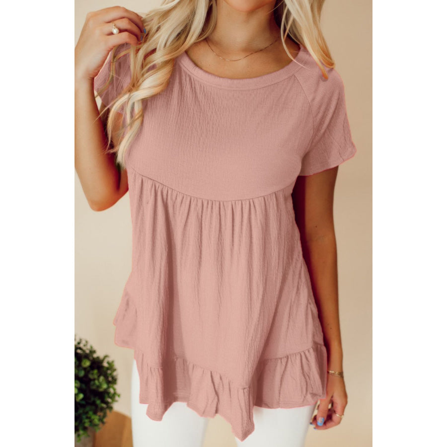 Ruffled Round Neck Short Sleeve Blouse Dusty Pink / S Apparel and Accessories