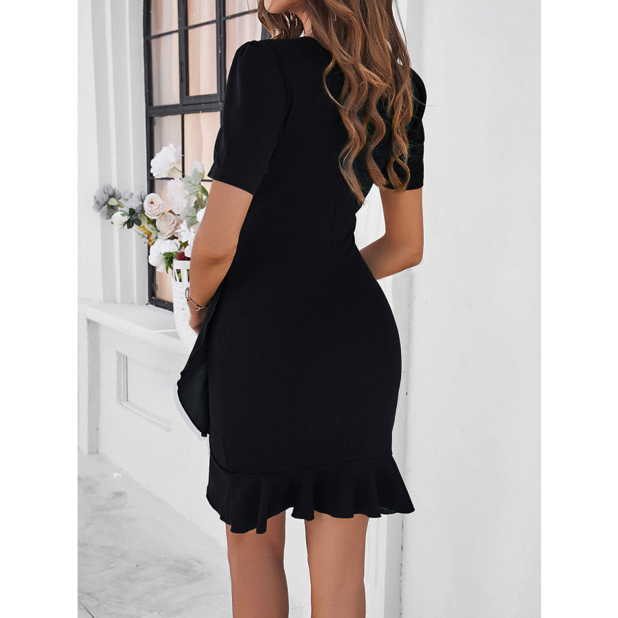 Ruffled Round Neck Short Sleeve Mini Dress Apparel and Accessories