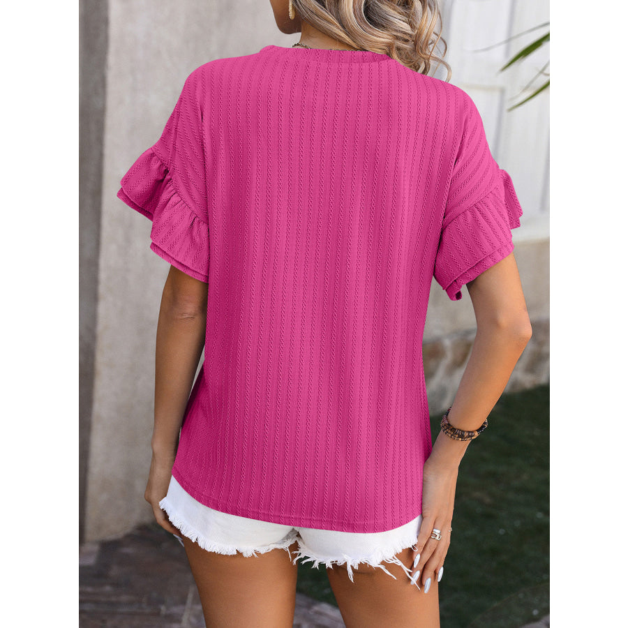Ruffled Round Neck Short Sleeve Top Hot Pink / S Apparel and Accessories