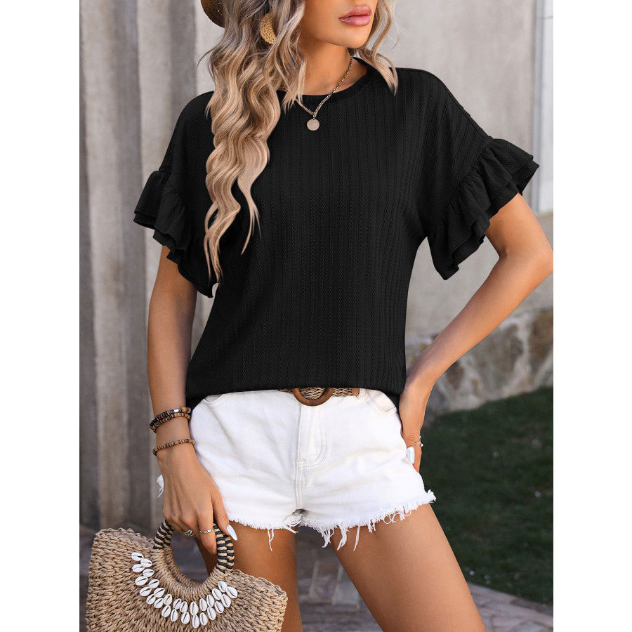 Ruffled Round Neck Short Sleeve Top Apparel and Accessories
