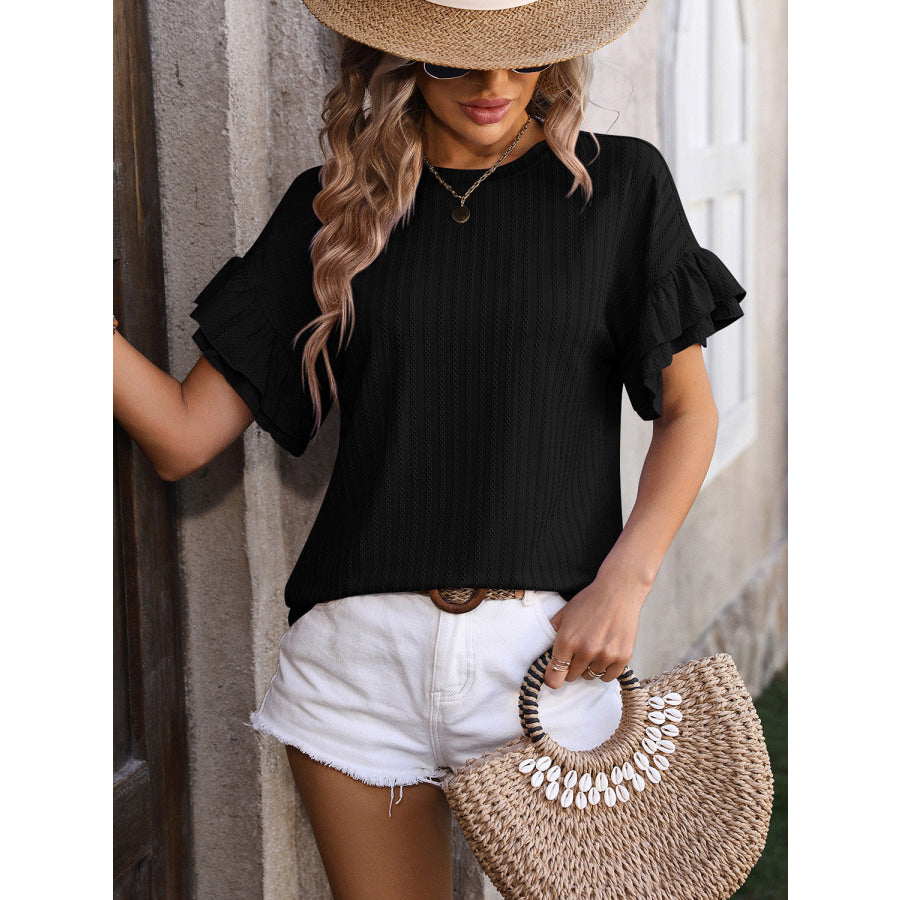 Ruffled Round Neck Short Sleeve Top Black / S Apparel and Accessories