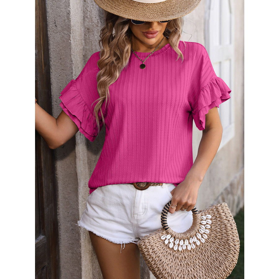 Ruffled Round Neck Short Sleeve Top Hot Pink / S Apparel and Accessories