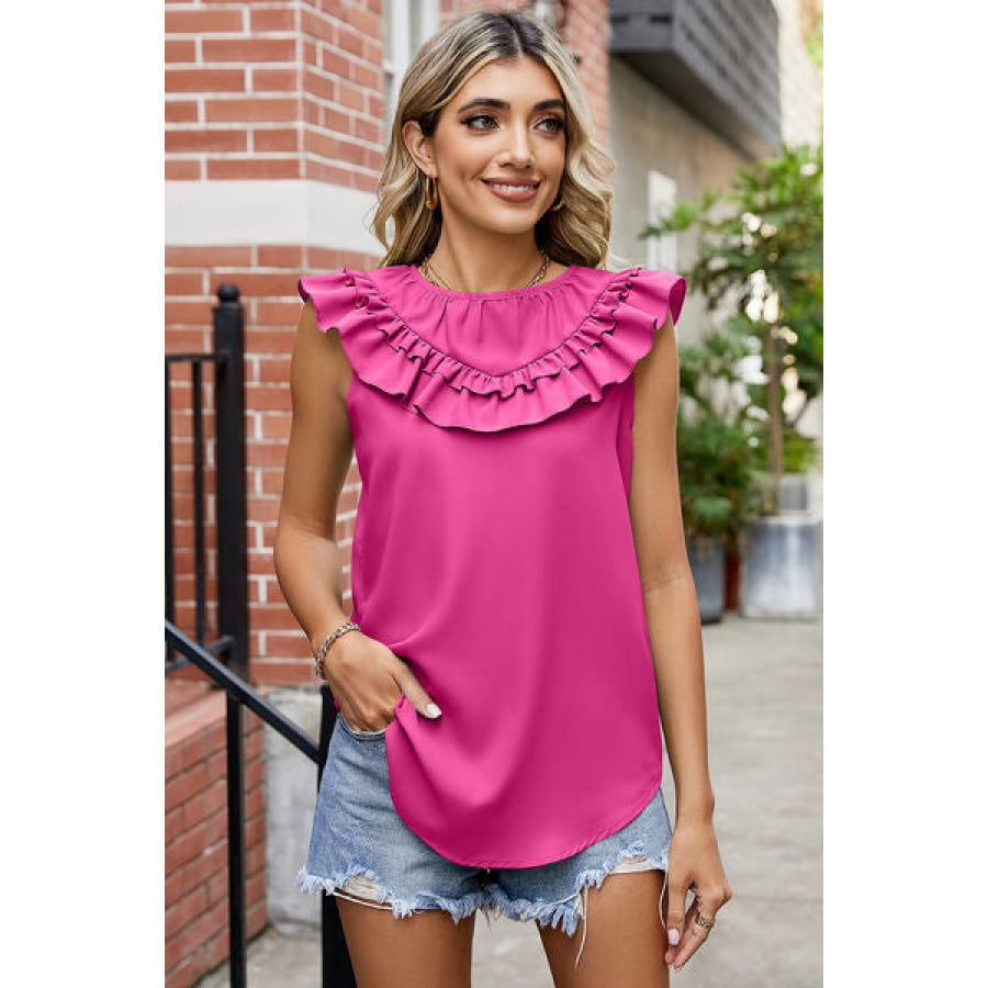 Ruffled Round Neck Sleeveless Blouse Hot Pink / S Apparel and Accessories