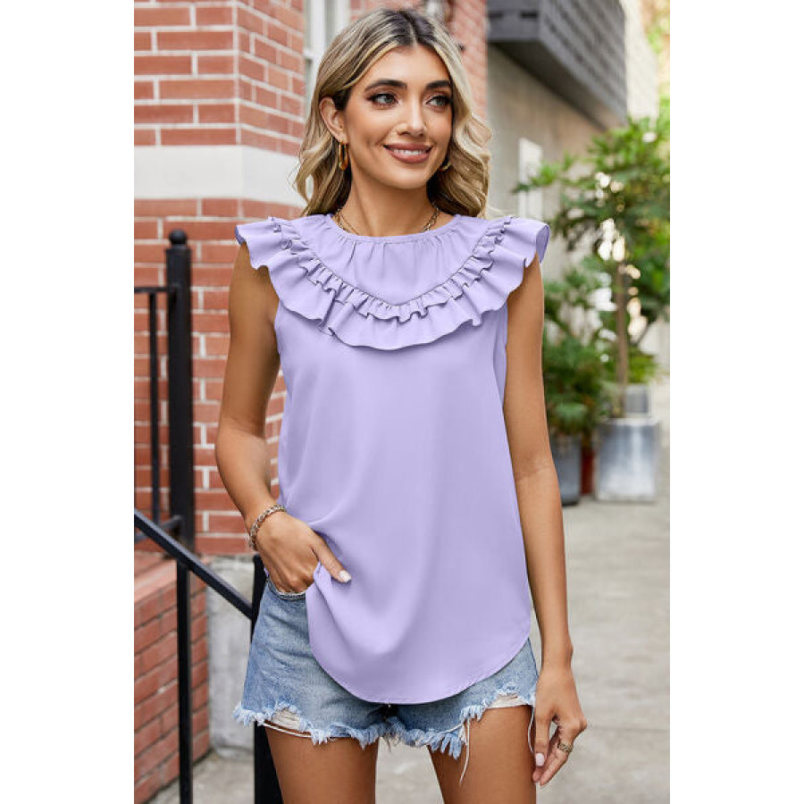 Ruffled Round Neck Sleeveless Blouse Lavender / S Apparel and Accessories