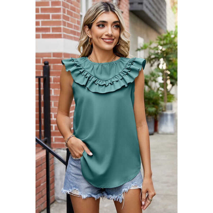 Ruffled Round Neck Sleeveless Blouse Teal / S Apparel and Accessories