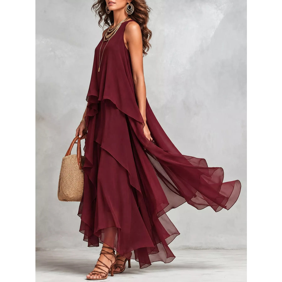 Ruffled Round Neck Sleeveless Maxi Dress Apparel and Accessories