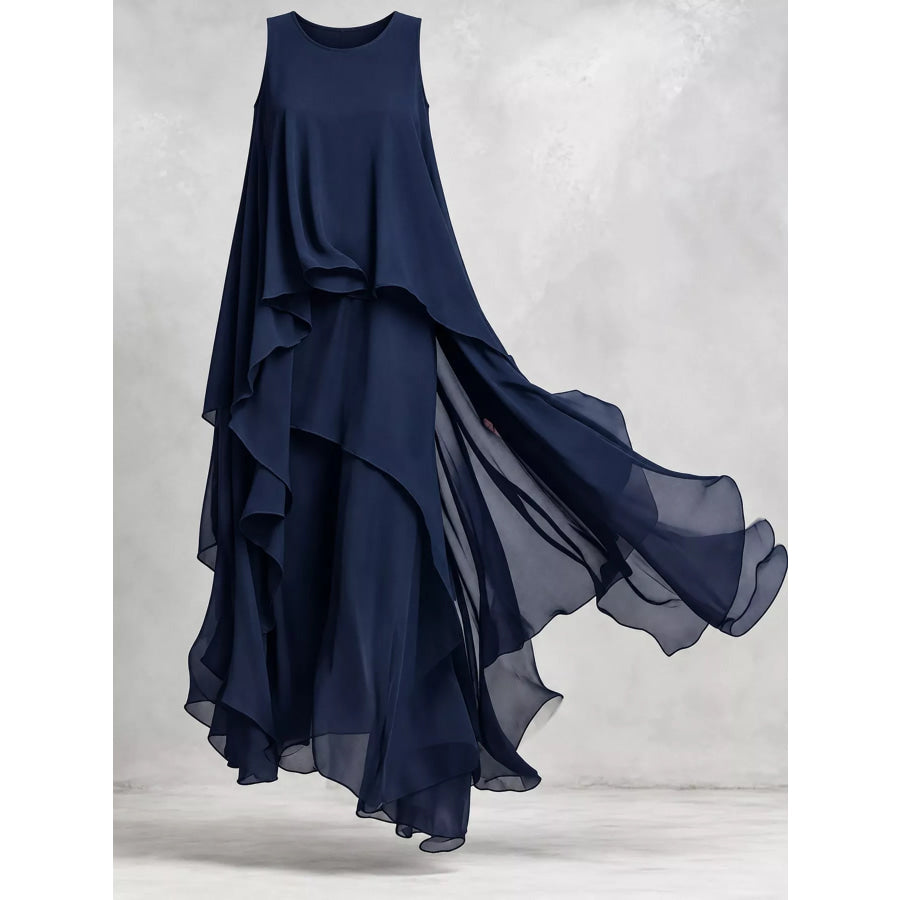 Ruffled Round Neck Sleeveless Maxi Dress Apparel and Accessories