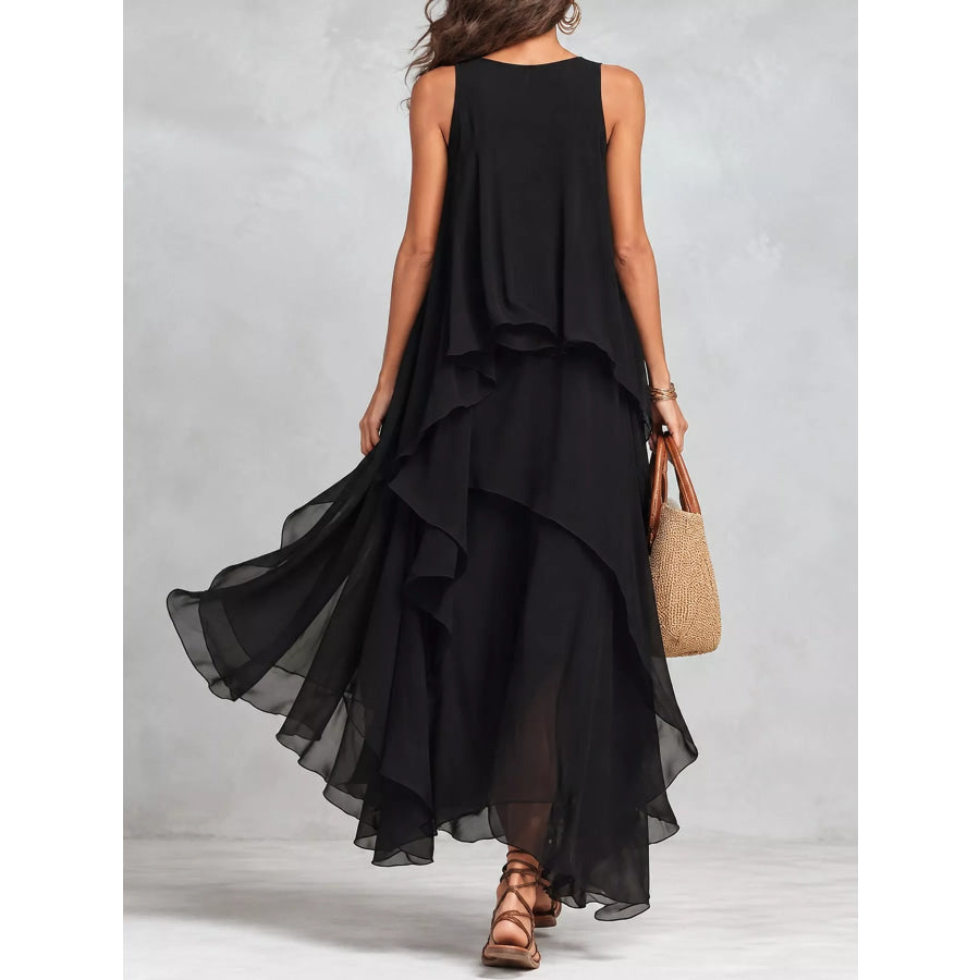 Ruffled Round Neck Sleeveless Maxi Dress Apparel and Accessories
