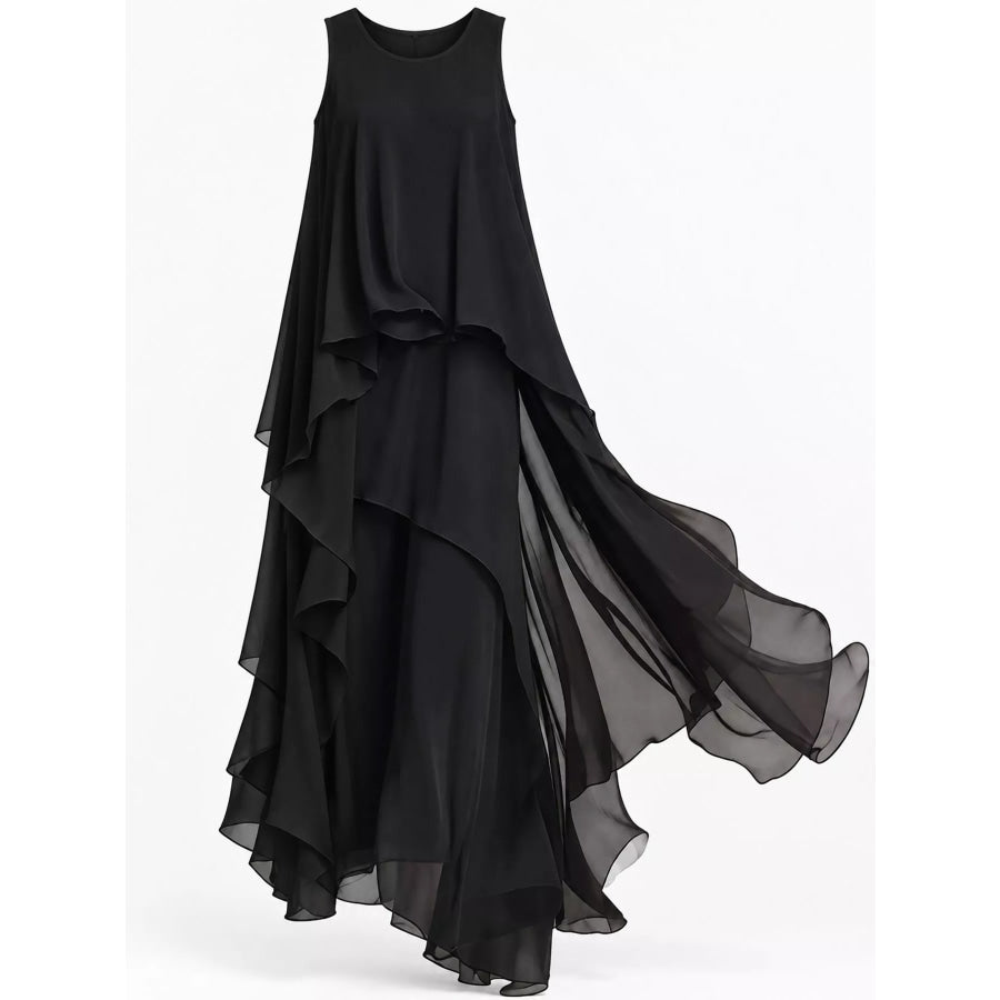 Ruffled Round Neck Sleeveless Maxi Dress Apparel and Accessories
