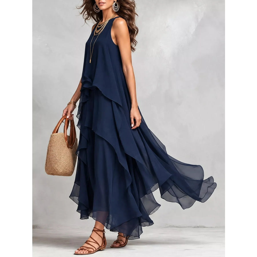 Ruffled Round Neck Sleeveless Maxi Dress Apparel and Accessories
