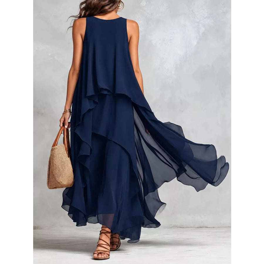 Ruffled Round Neck Sleeveless Maxi Dress Apparel and Accessories