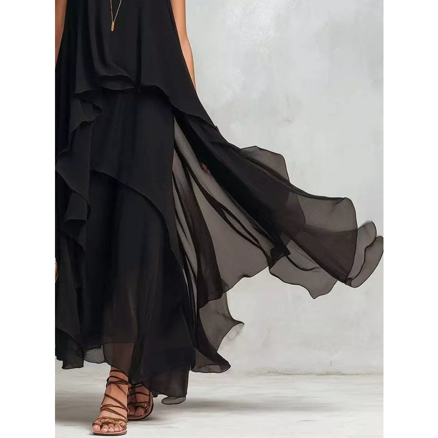 Ruffled Round Neck Sleeveless Maxi Dress Apparel and Accessories