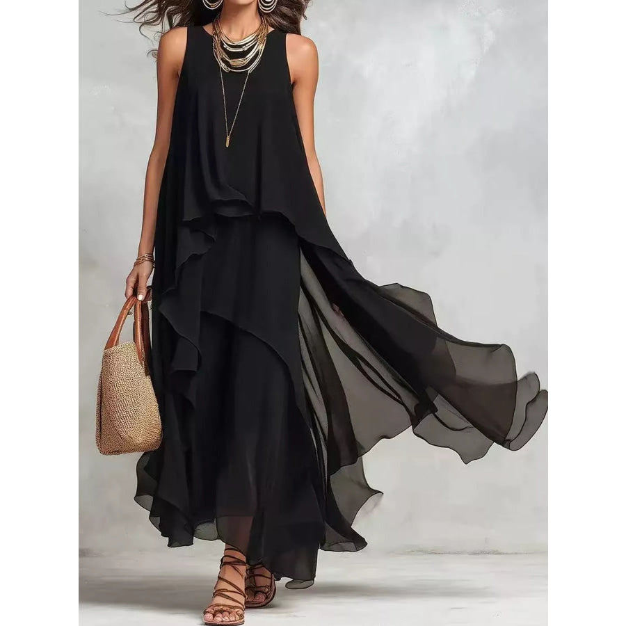 Ruffled Round Neck Sleeveless Maxi Dress Black / S Apparel and Accessories