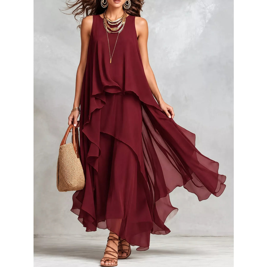 Ruffled Round Neck Sleeveless Maxi Dress Burgundy / S Apparel and Accessories