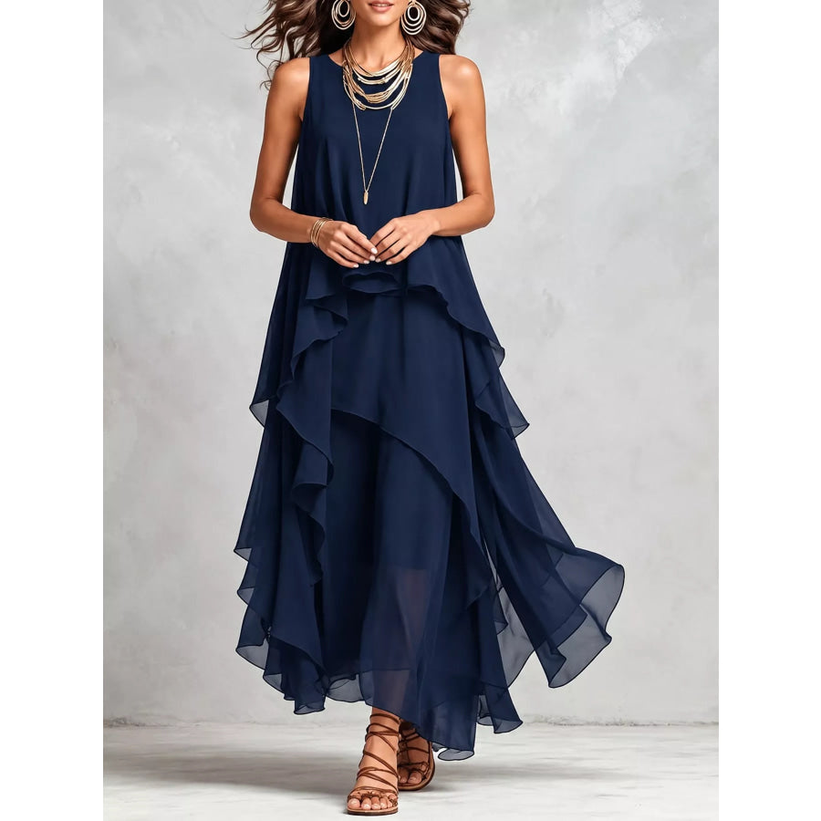 Ruffled Round Neck Sleeveless Maxi Dress Navy / S Apparel and Accessories