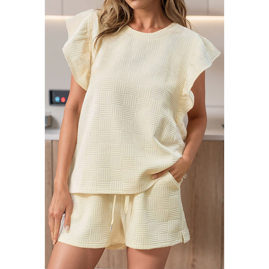 Ruffled Round Neck Top and Drawstring Shorts Set Apparel Accessories