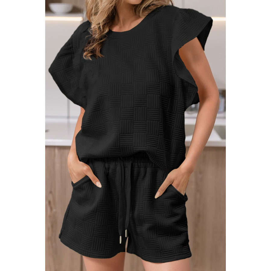 Ruffled Round Neck Top and Drawstring Shorts Set Black / S Apparel Accessories