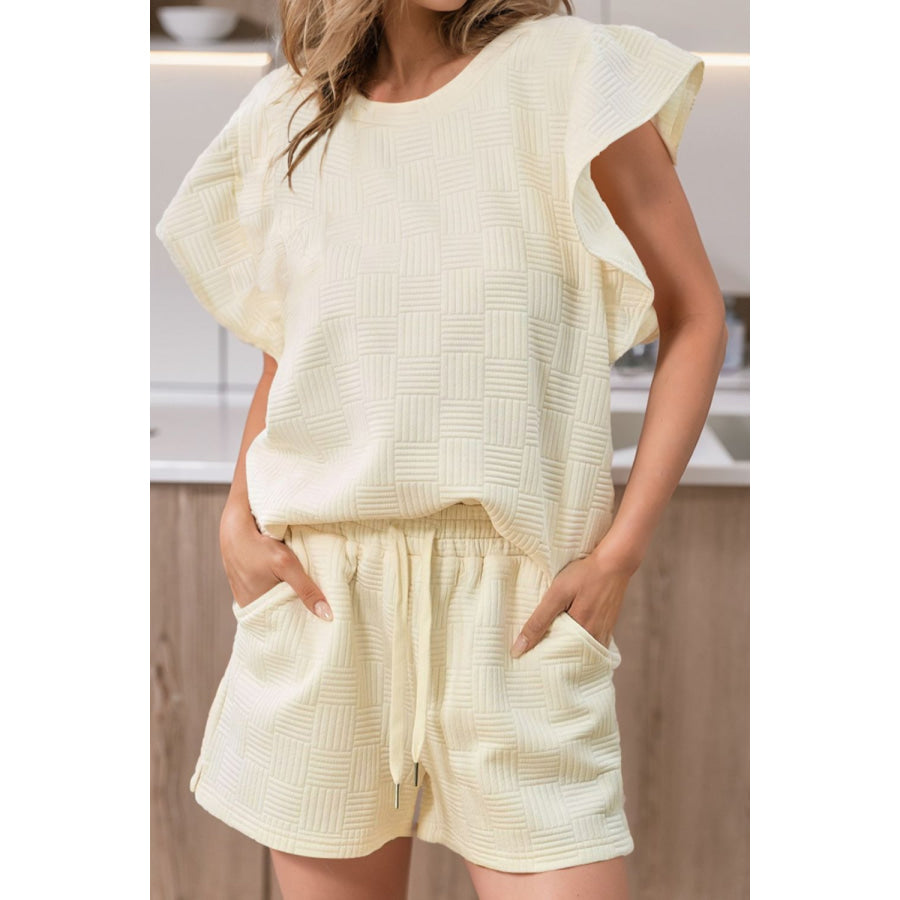 Ruffled Round Neck Top and Drawstring Shorts Set Ivory / S Apparel Accessories