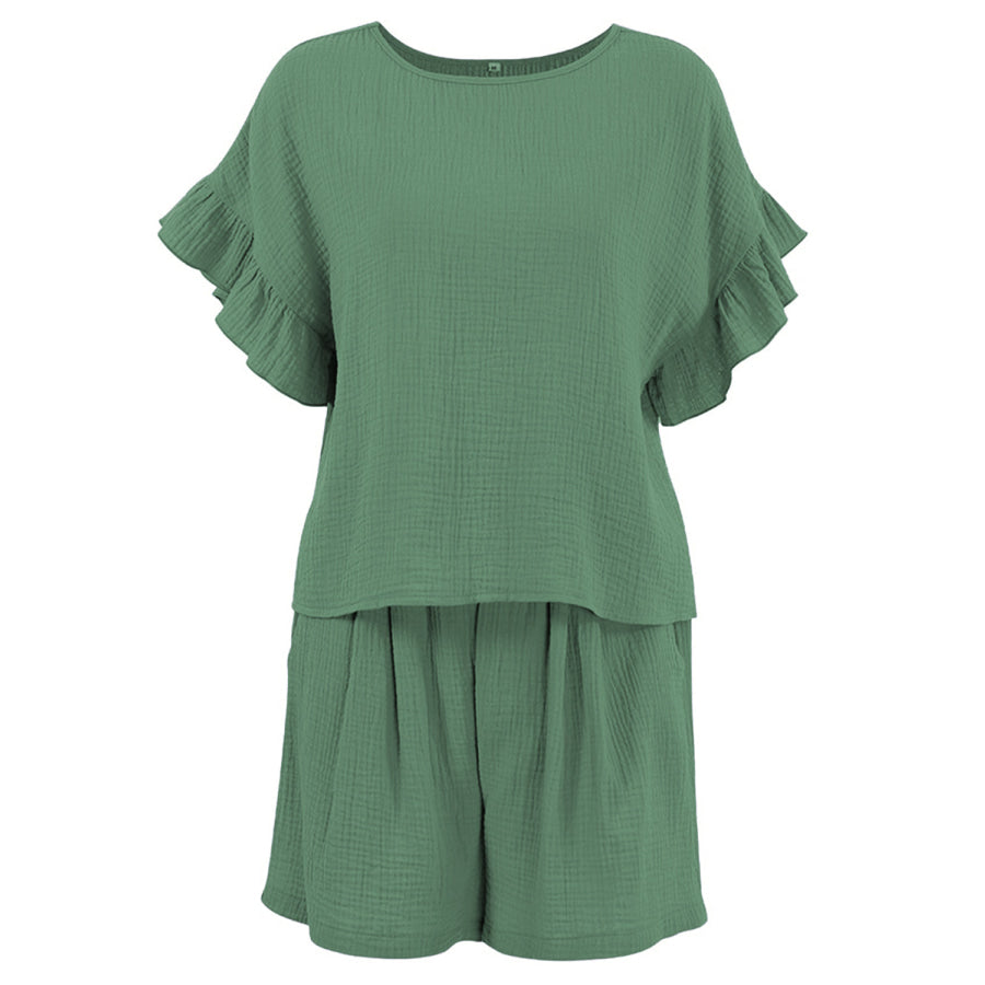 Ruffled Round Neck Top and Shorts Set Apparel and Accessories