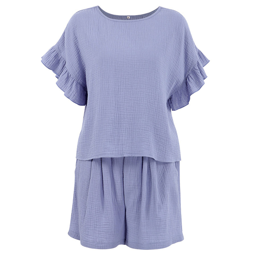 Ruffled Round Neck Top and Shorts Set Apparel and Accessories