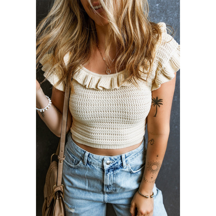 Ruffled Scoop Neck Knit Top Ivory / S Apparel and Accessories