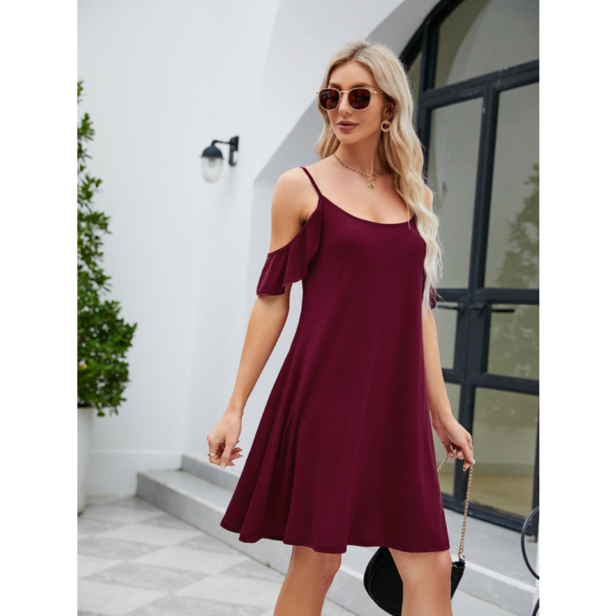 Ruffled Scoop Neck Mini Dress Wine / S Apparel and Accessories