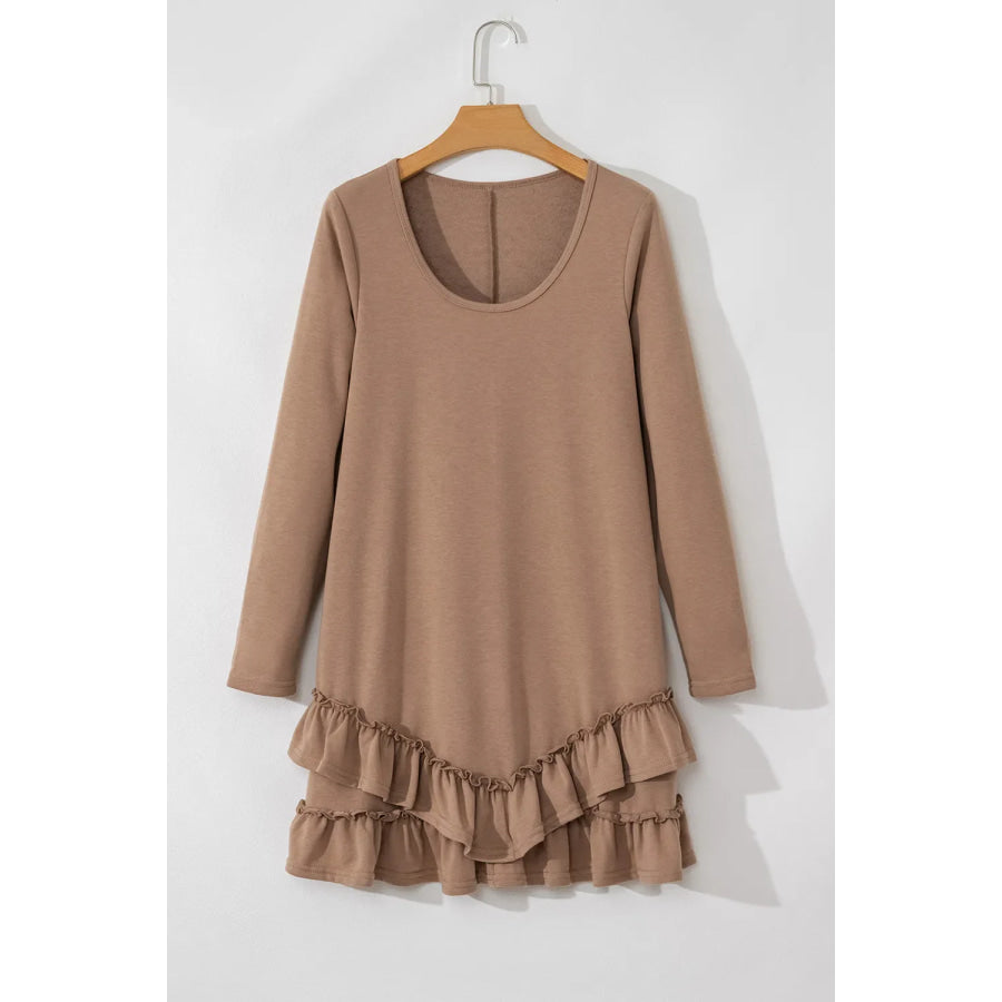 Ruffled Scoop Neck Three-Quarter Sleeve Mini Dress Apparel and Accessories