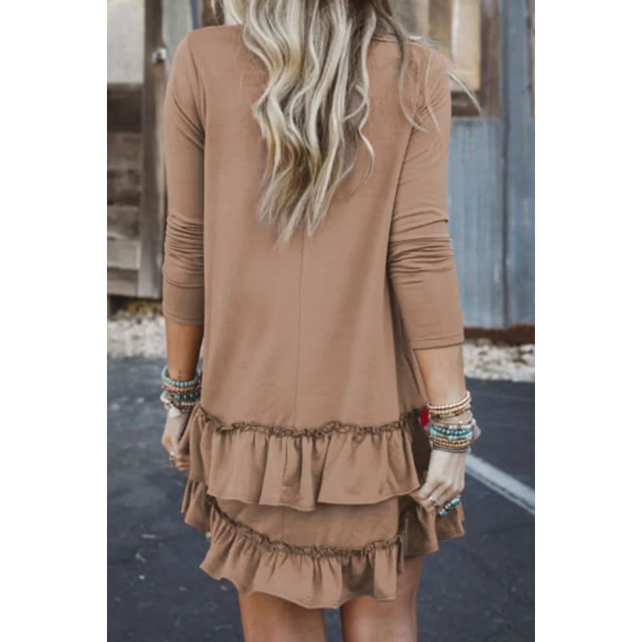 Ruffled Scoop Neck Three-Quarter Sleeve Mini Dress Apparel and Accessories