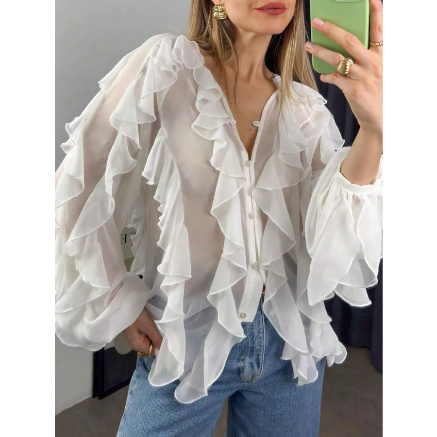 Ruffled Sheer Long Sleeve Blouse Apparel and Accessories