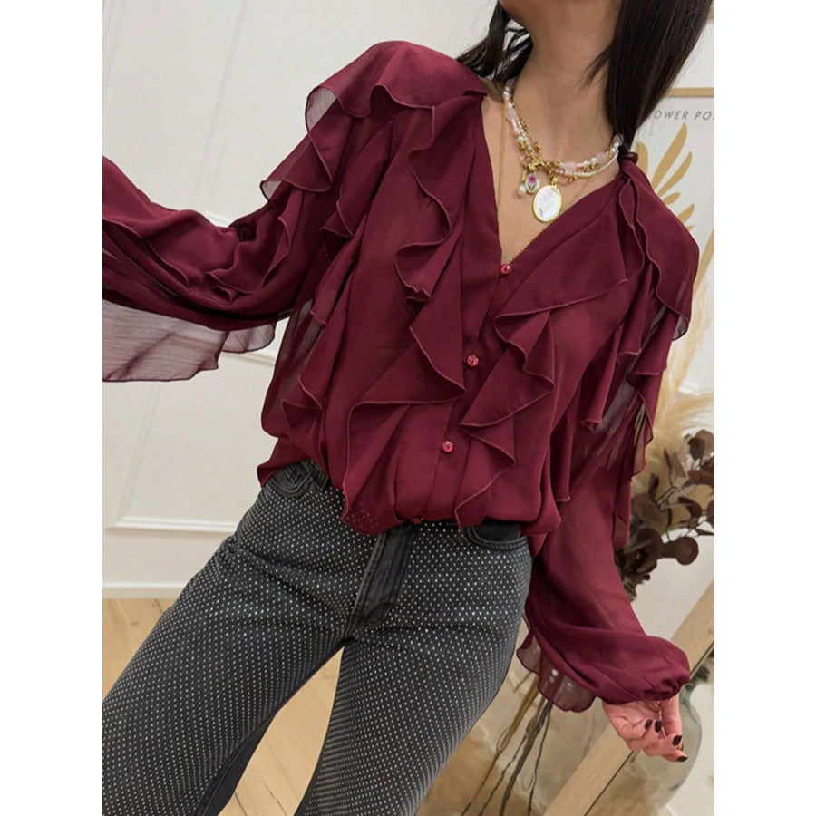 Ruffled Sheer Long Sleeve Blouse Apparel and Accessories