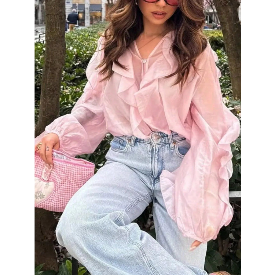 Ruffled Sheer Long Sleeve Blouse Apparel and Accessories