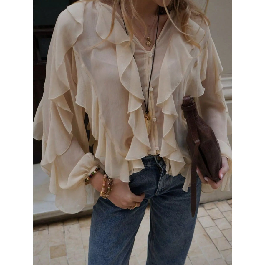 Ruffled Sheer Long Sleeve Blouse Apparel and Accessories