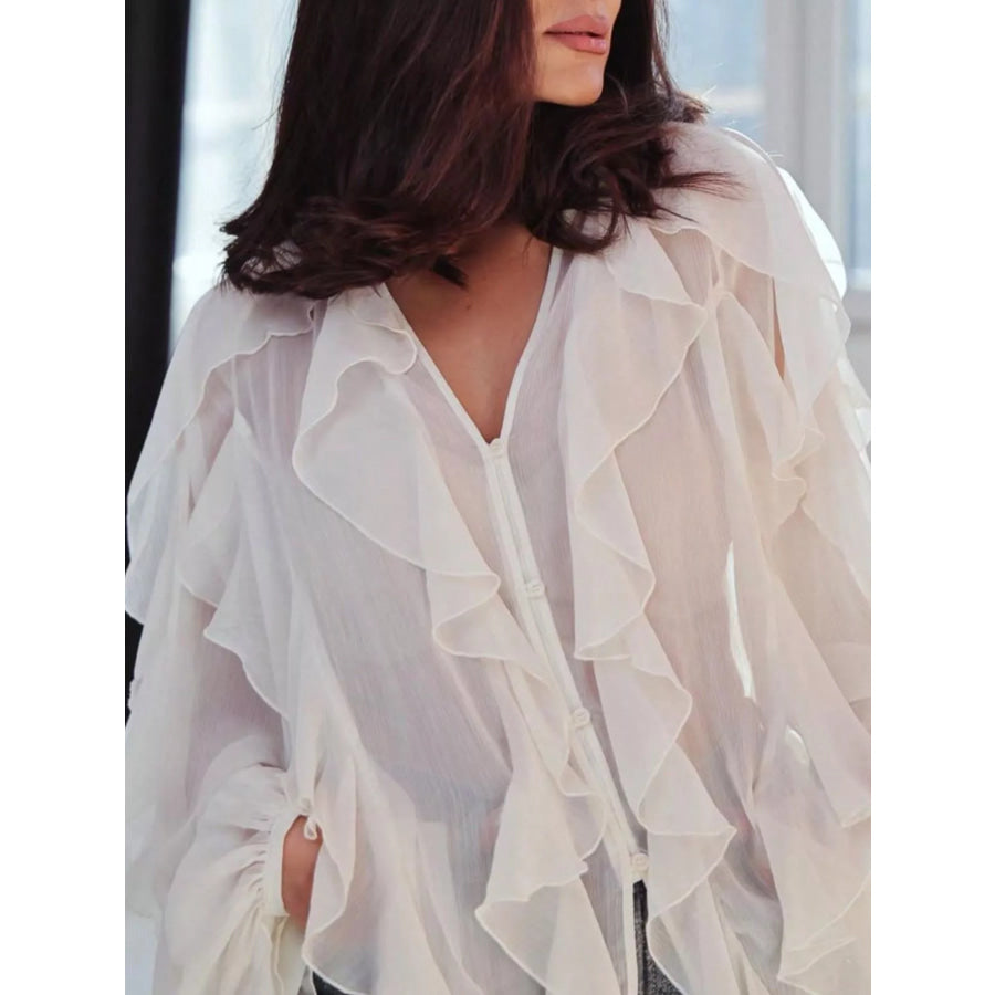 Ruffled Sheer Long Sleeve Blouse Apparel and Accessories