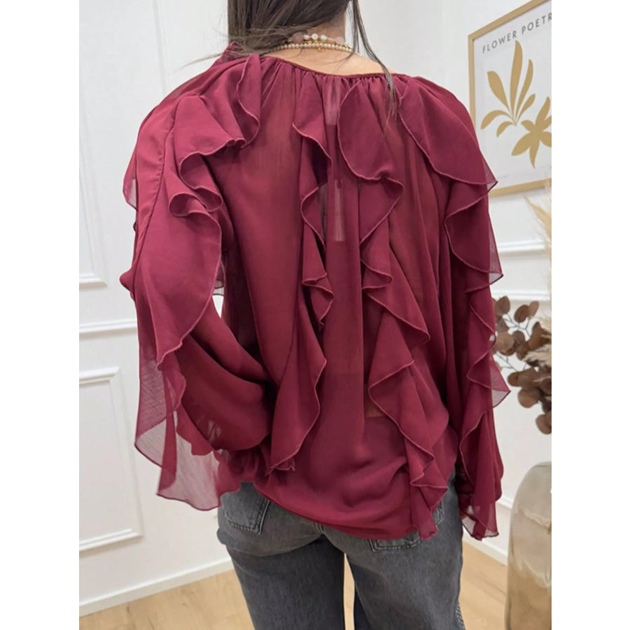 Ruffled Sheer Long Sleeve Blouse Apparel and Accessories