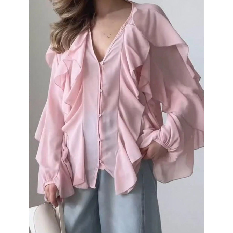 Ruffled Sheer Long Sleeve Blouse Apparel and Accessories