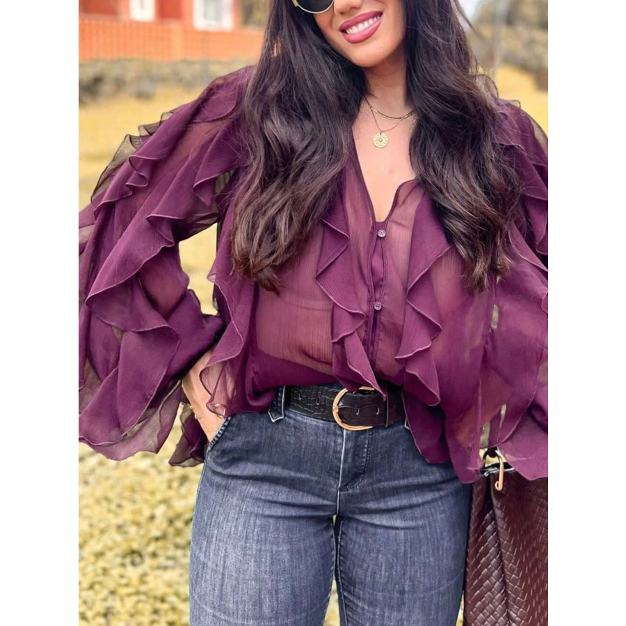 Ruffled Sheer Long Sleeve Blouse Apparel and Accessories