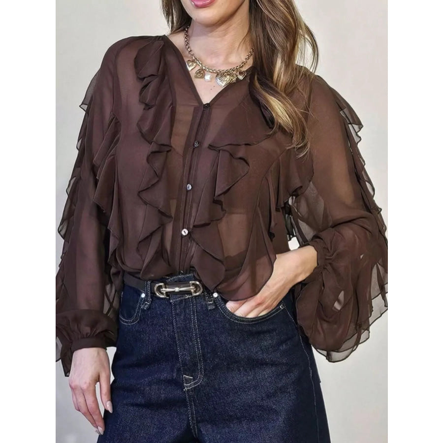 Ruffled Sheer Long Sleeve Blouse Apparel and Accessories