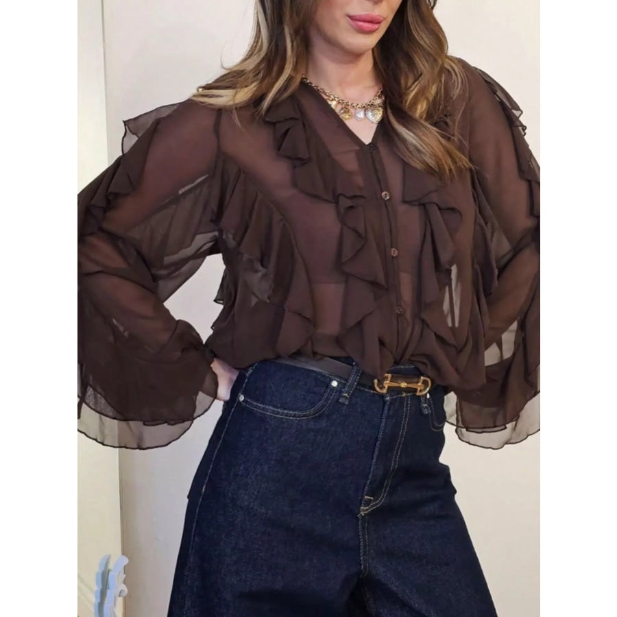 Ruffled Sheer Long Sleeve Blouse Apparel and Accessories