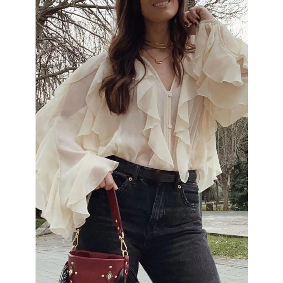 Ruffled Sheer Long Sleeve Blouse Apparel and Accessories