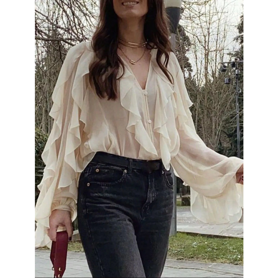 Ruffled Sheer Long Sleeve Blouse Apparel and Accessories