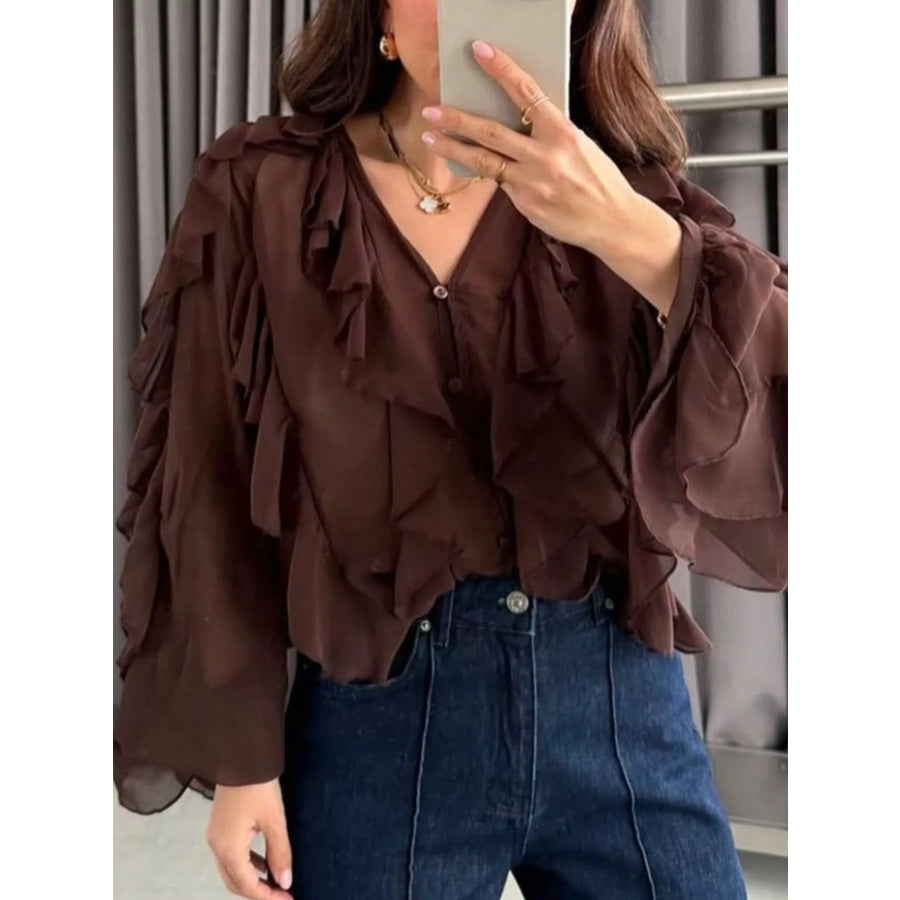 Ruffled Sheer Long Sleeve Blouse Apparel and Accessories