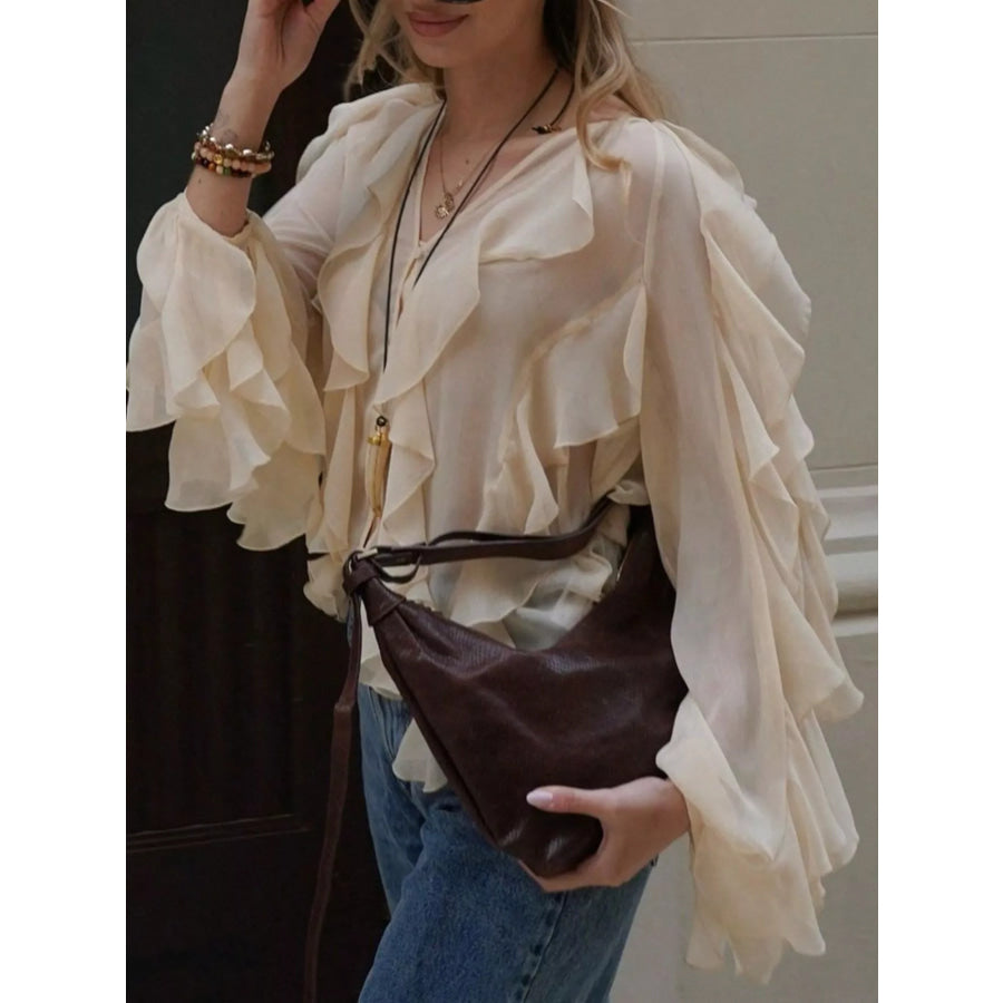 Ruffled Sheer Long Sleeve Blouse Apparel and Accessories